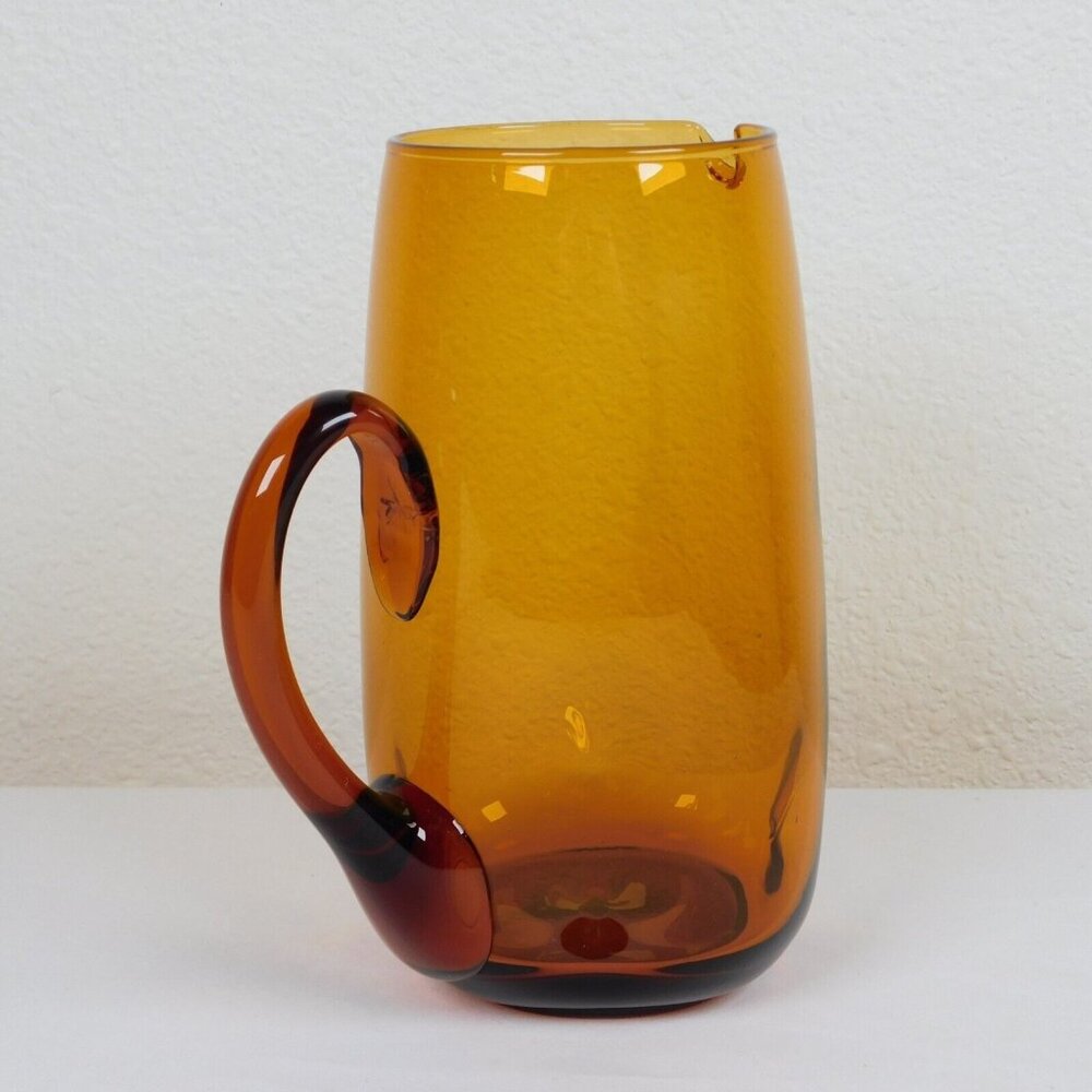 Dark Amber Pinched Dimpled 7" Tall Pitcher Glass Small Handled Gold Brown FLAW